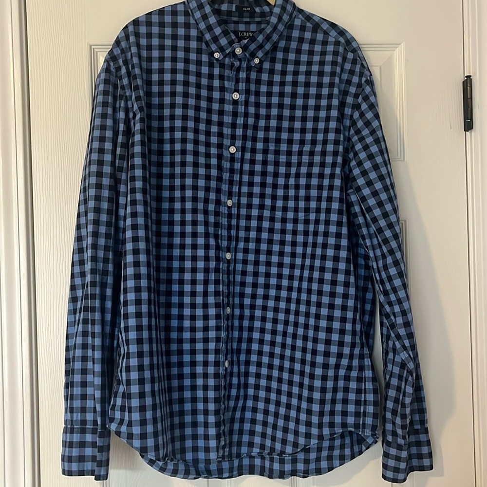 Men’s J. Crew gingham slim flex washed button down shirt, size XL blue and black